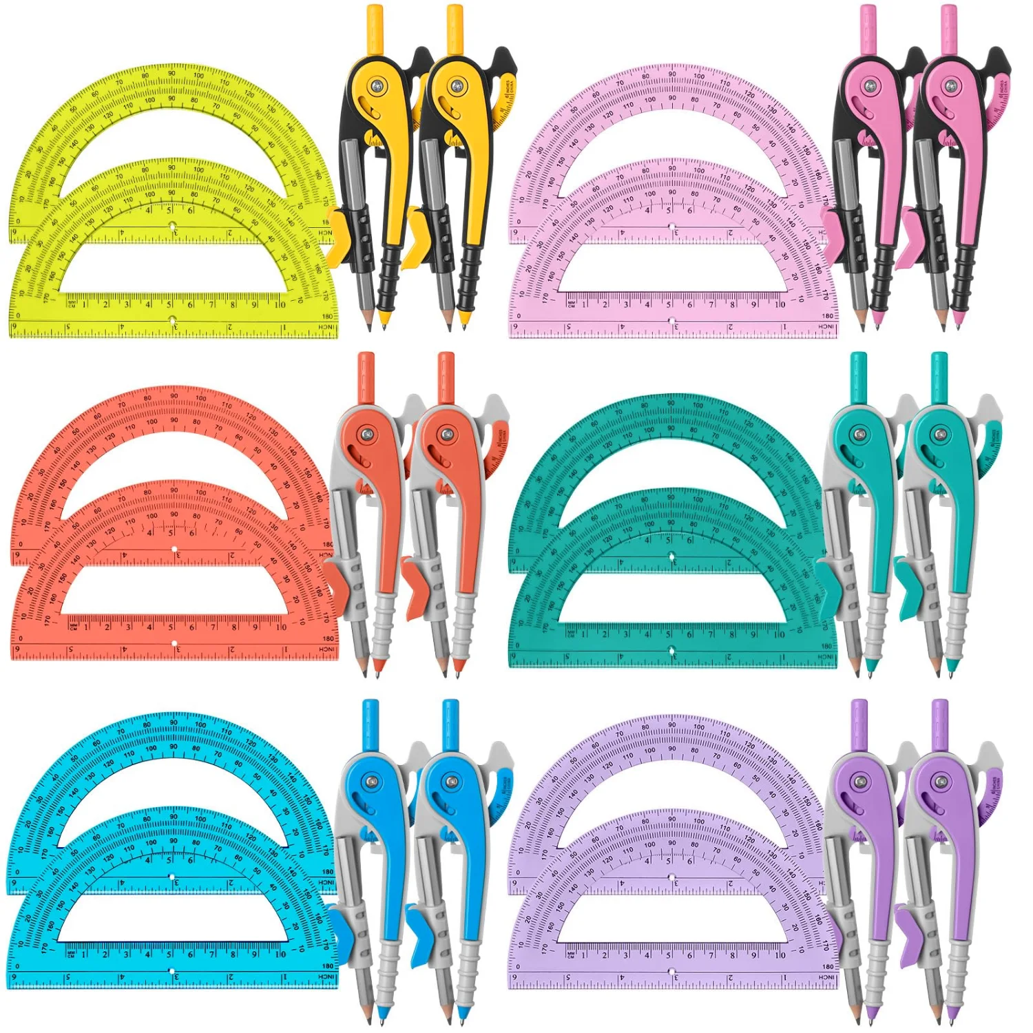CHENGU Compass and protractor set, Multicolor, 6 Inch, 12 sets
