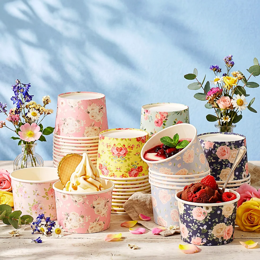 CHENGU Paper snack and dessert cups, Bright Color, Flowers, 180 pcs, view 3