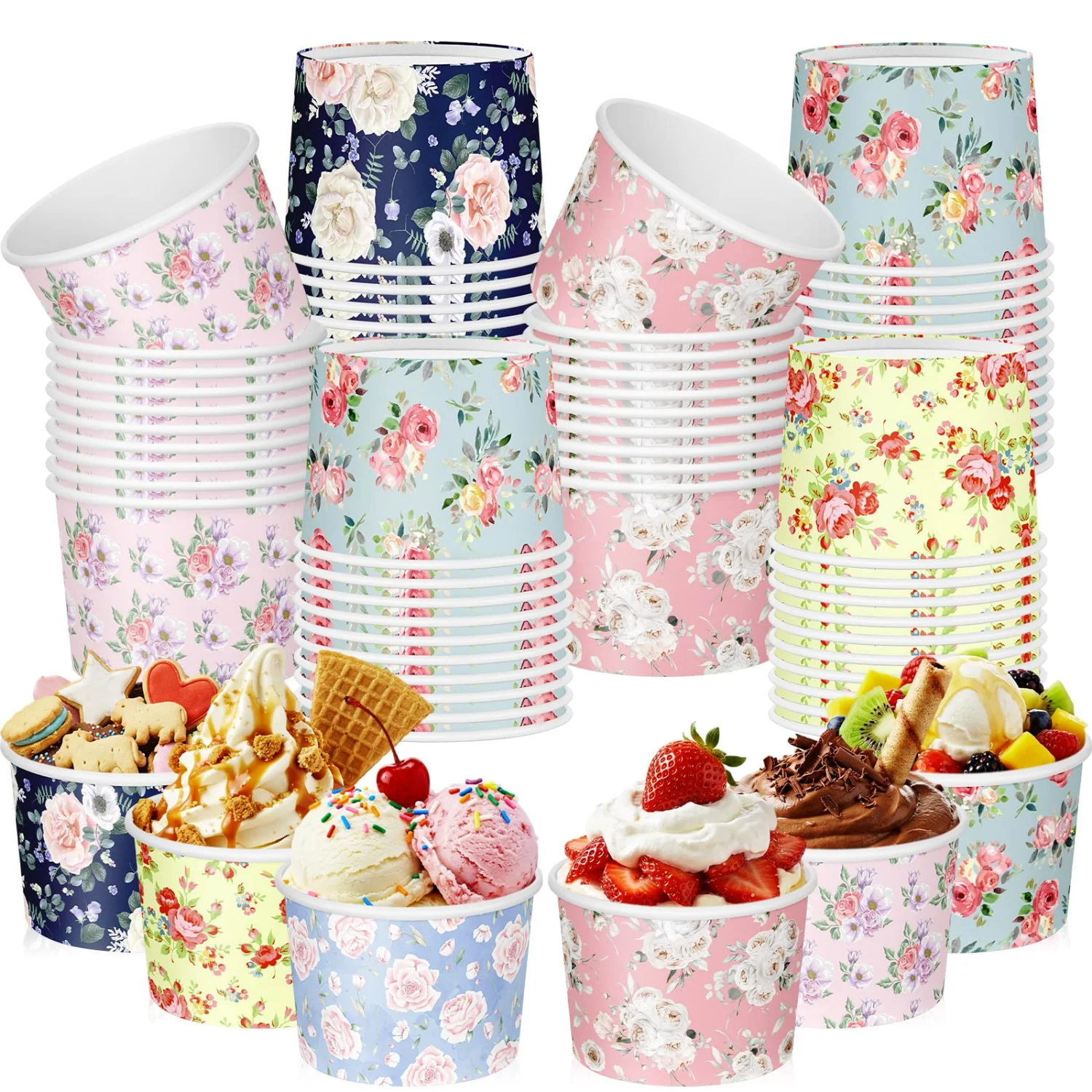 CHENGU Paper snack and dessert cups, Bright Color, Flowers, 180 pcs