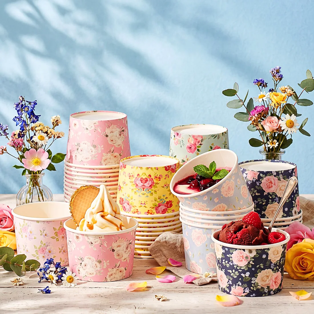 CHENGU Paper snack and dessert cups, Bright Color, Flowers, 60 pcs, view 2