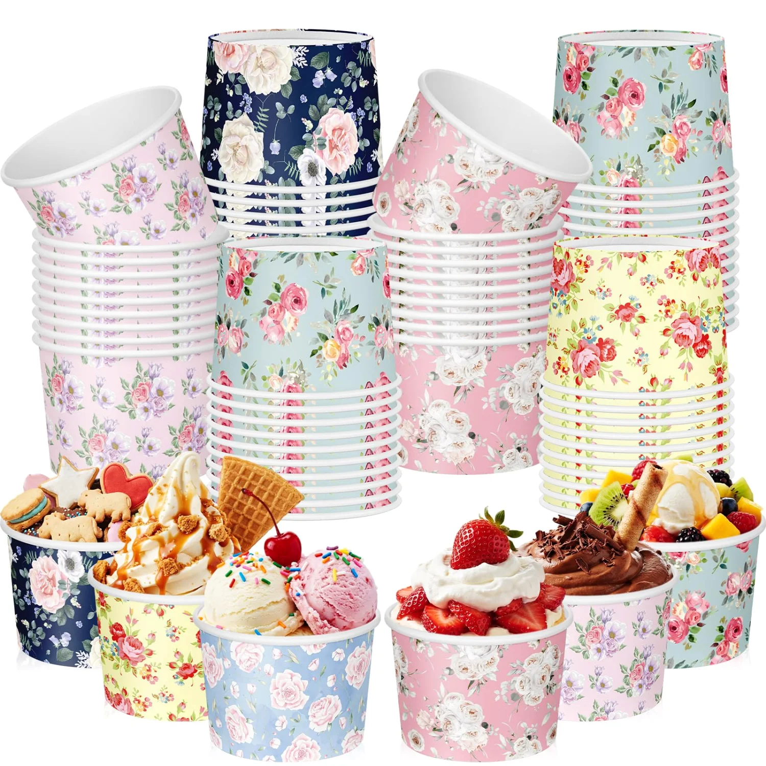 CHENGU Paper snack and dessert cups, Bright Color, Flowers, 60 pcs
