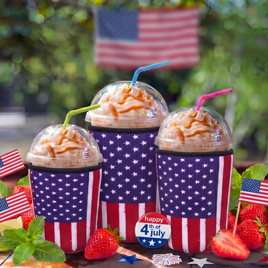 CHENGU Iced coffee cup sleeves, Red White Blue, Us Flag, view 2