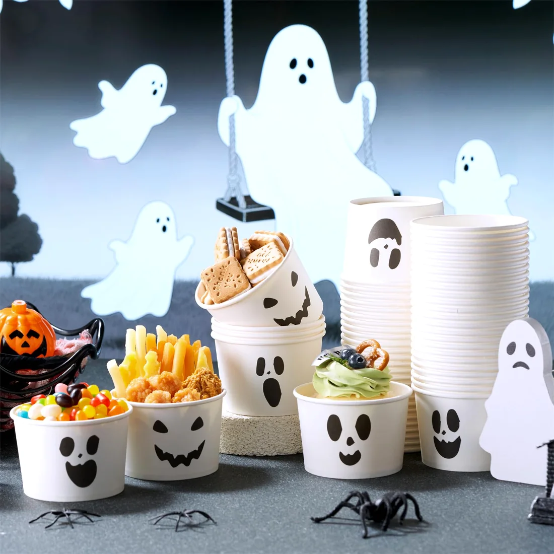 CHENGU Paper snack and dessert cups, White, Classic Ghost, 180 pcs, view 2