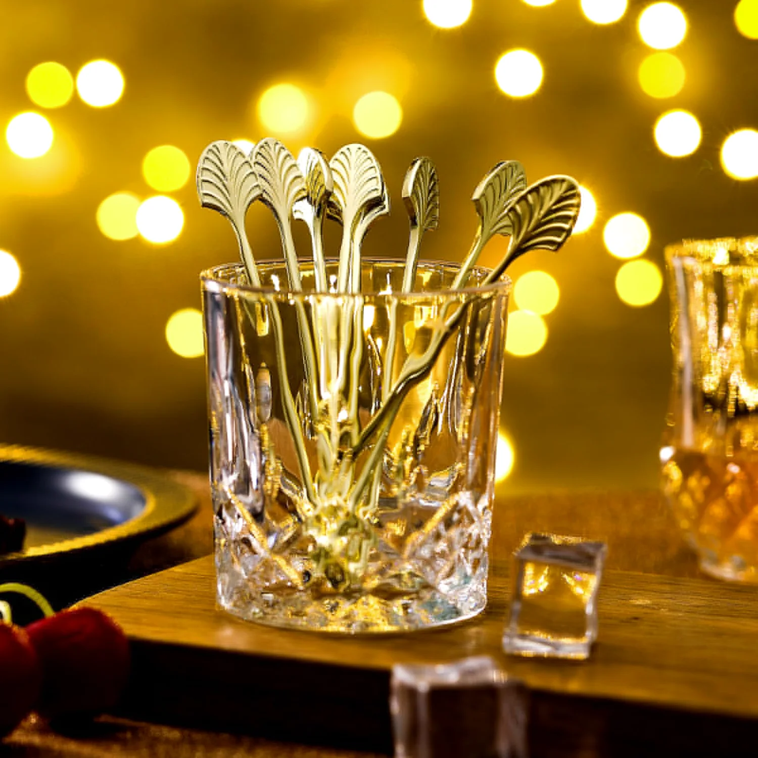 CHENGU Gold Art Deco cocktail picks, Palm leaf, Gold, 5 Inch, 8 pcs
