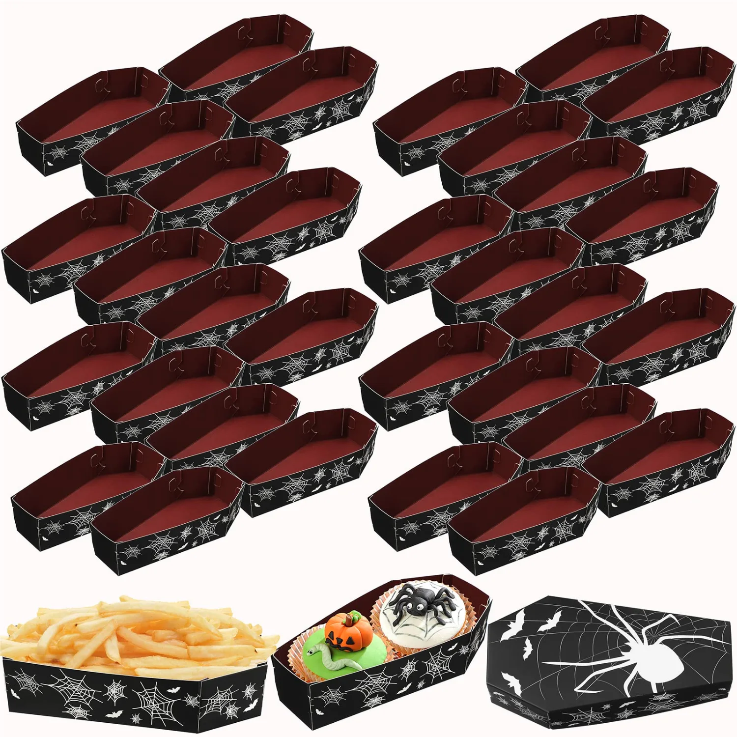 CHENGU Halloween coffin snack trays, Spider, 24 pcs