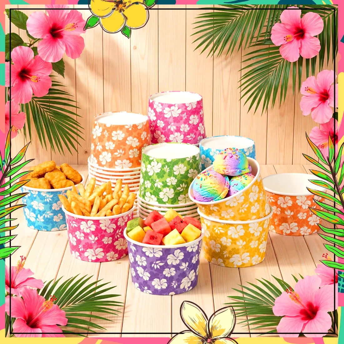 CHENGU Paper snack and dessert cups, Colorful, Hawaiian Hibiscus Flower, 60 pcs, view 2