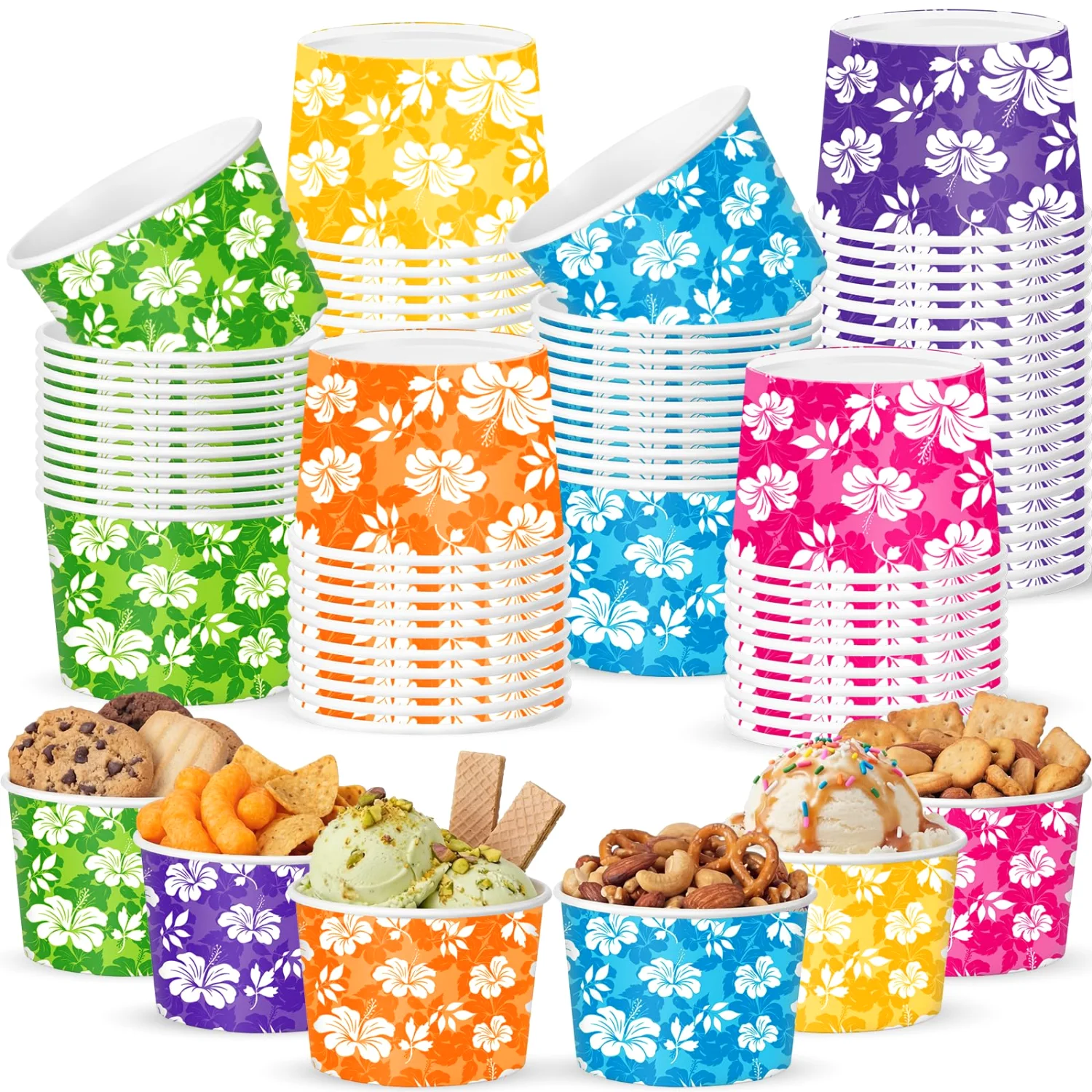 CHENGU Paper snack and dessert cups, Colorful, Hawaiian Hibiscus Flower, 60 pcs