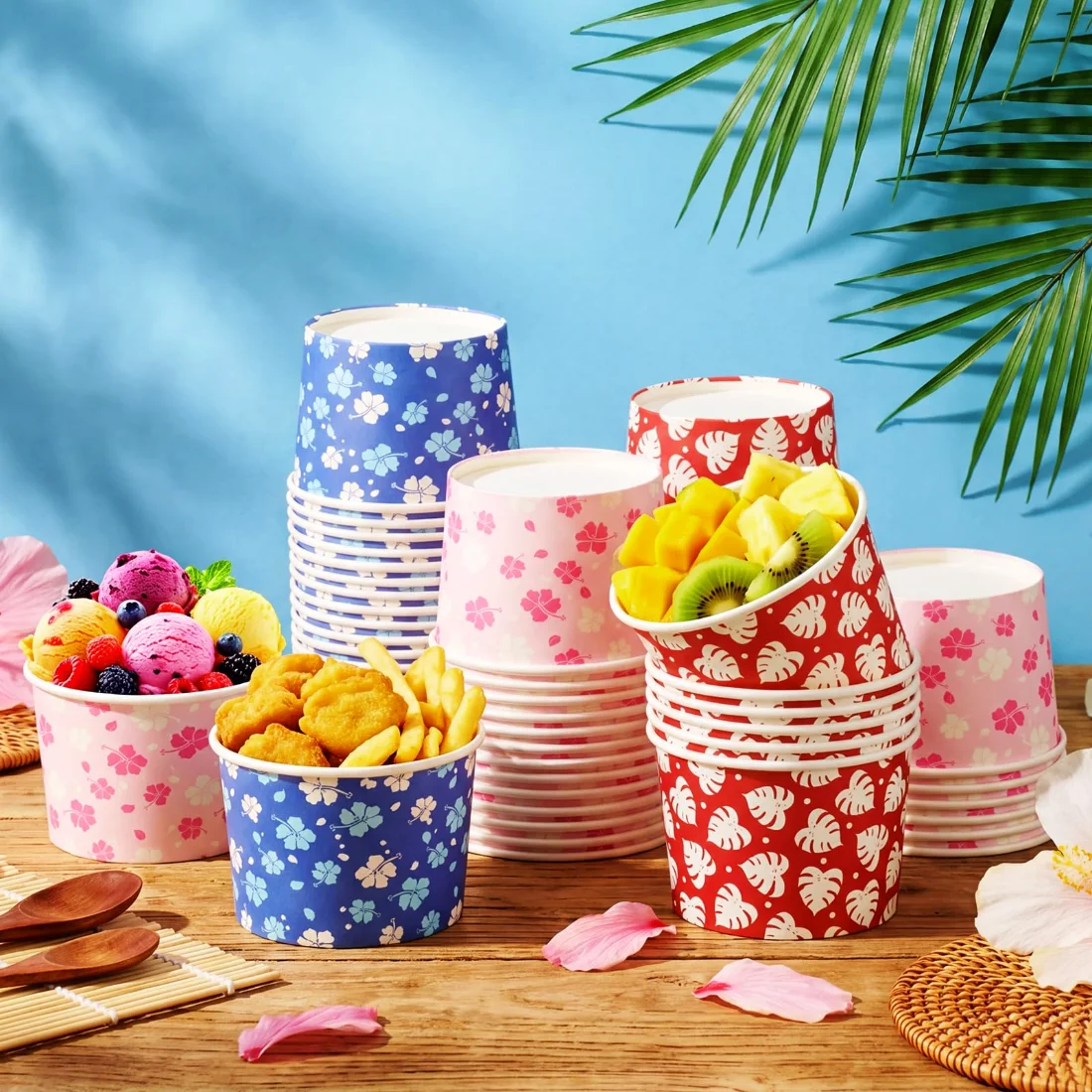 CHENGU Paper snack and dessert cups, Colorful, Tropical Leaves, 60 pcs, view 2