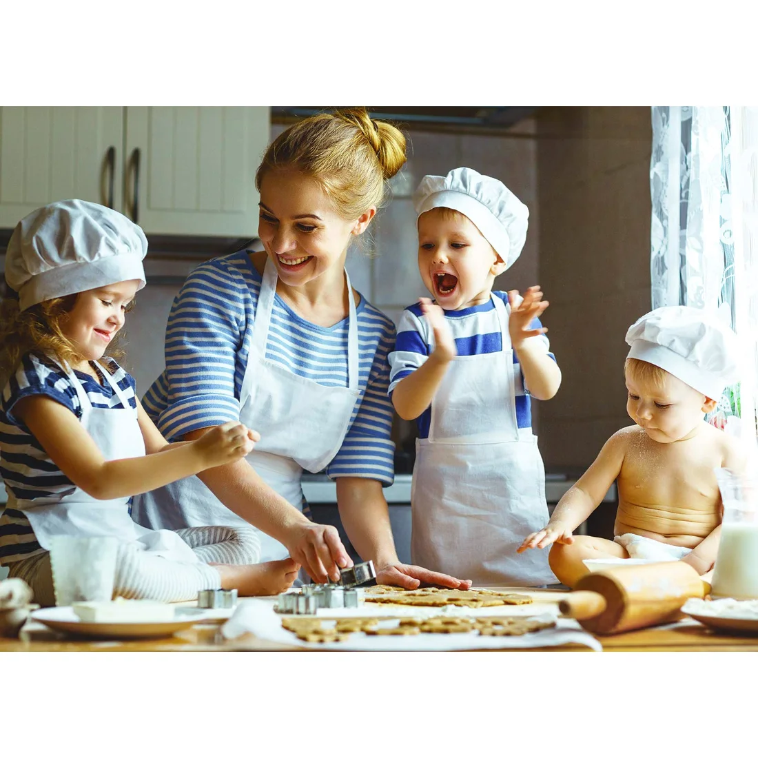 CHENGU Kids apron and chef hat set, White, Medium, Ages 7-13, view 2