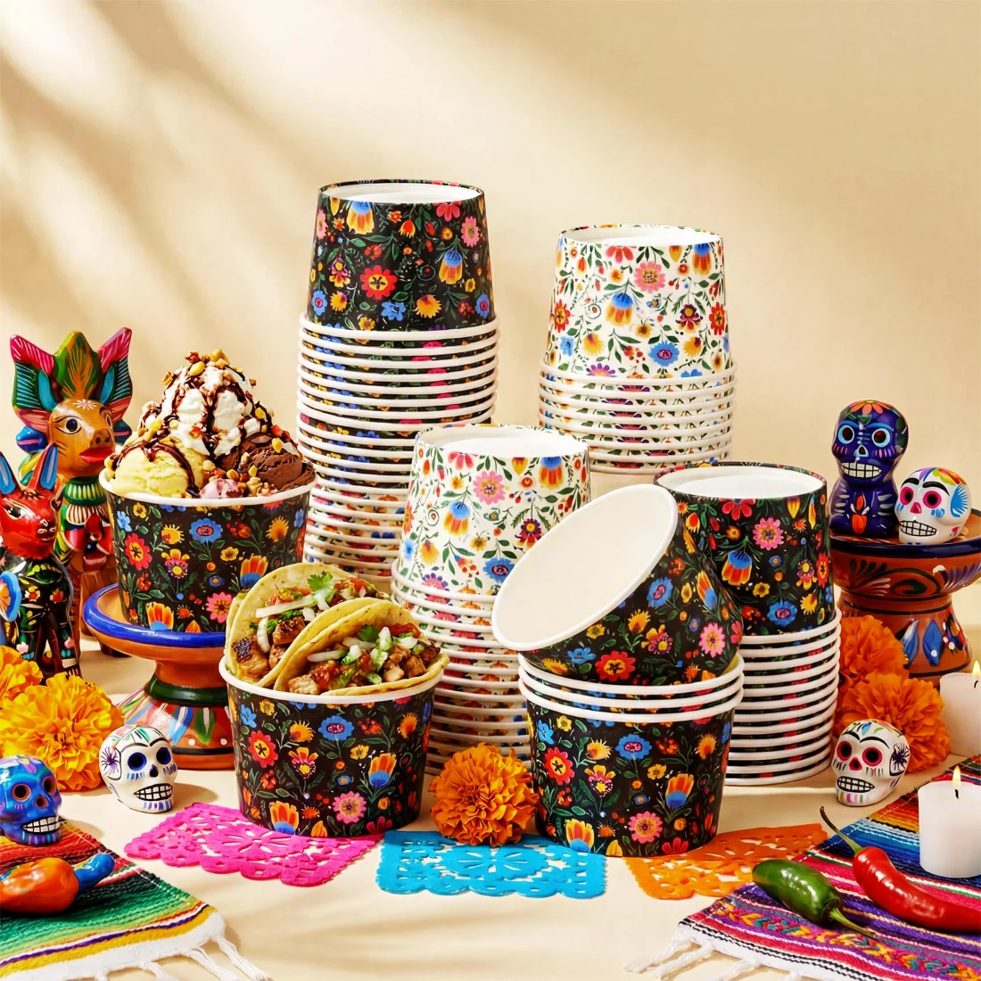 CHENGU Paper snack and dessert cups, Colorful, Mexican Colorful Flowers, 60 pcs, view 2