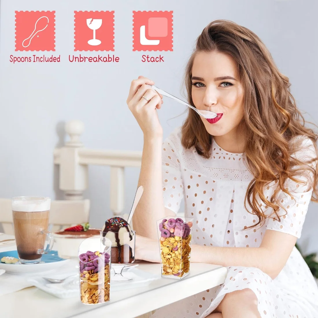 CHENGU Mini dessert shooter cups with spoons, Clear, Slanted+square+goblet, 150 pcs, view 2