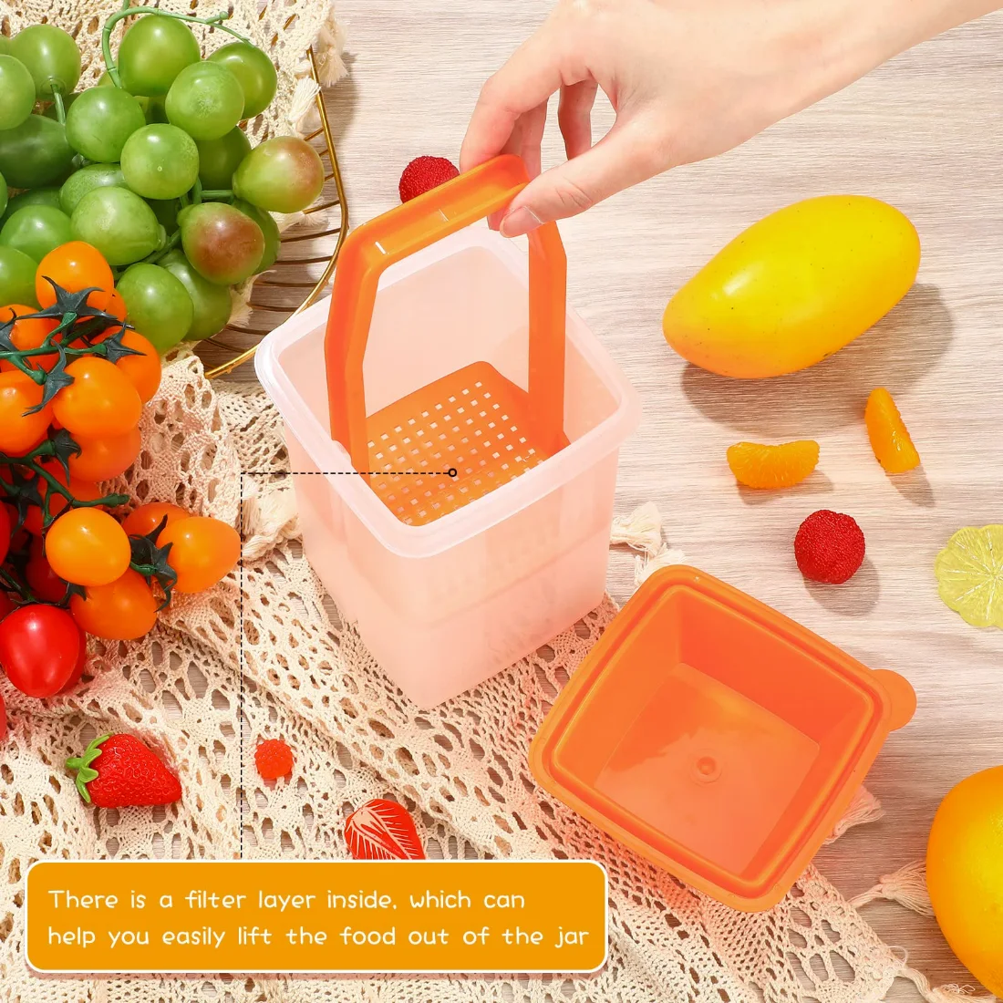 CHENGU Pickle container with strainer, Orange, view 2