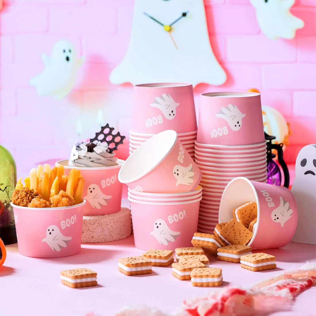 CHENGU Paper snack and dessert cups, Pink, Boo Ghost, 60 pcs, view 2
