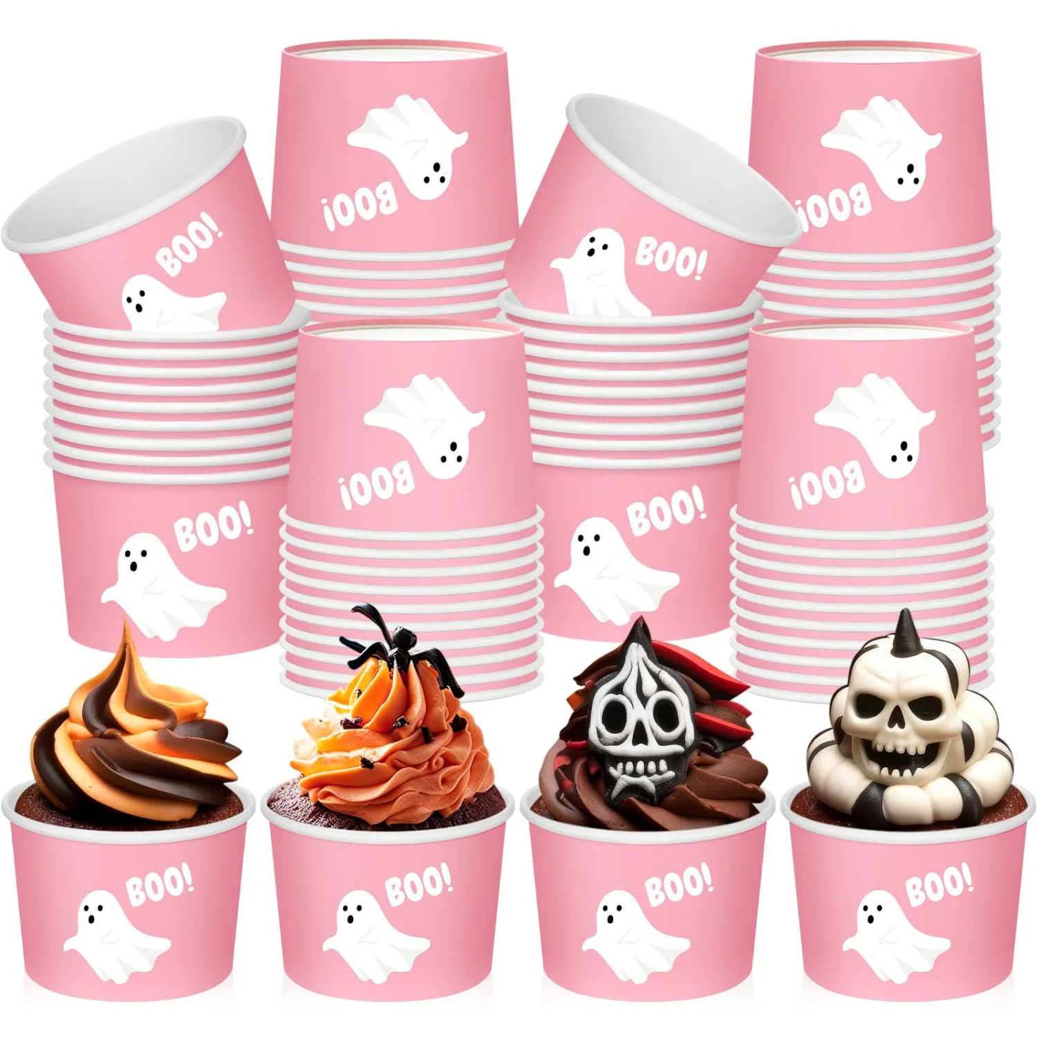 CHENGU Paper snack and dessert cups, Pink, Boo Ghost, 60 pcs