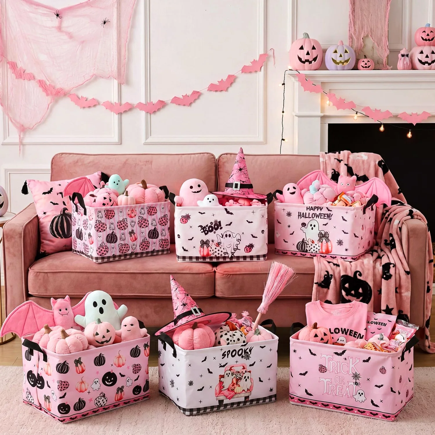 CHENGU Collapsible holiday storage bins, Pink Halloween, 6 pcs