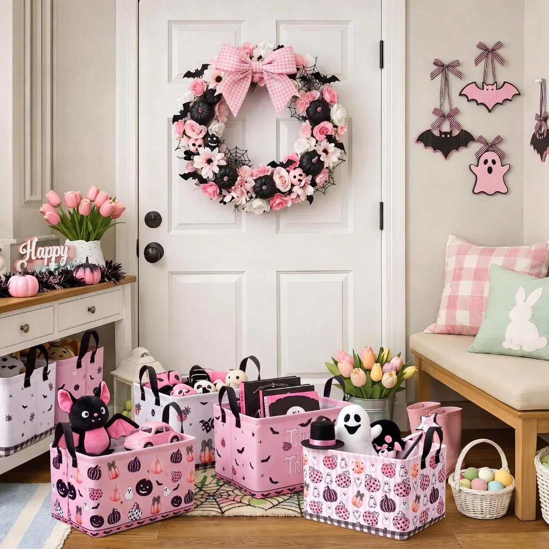 CHENGU Collapsible holiday storage bins, Pink Halloween, 6 pcs, view 4
