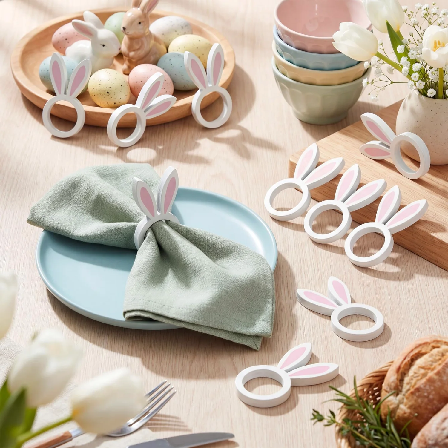 CHENGU Napkin rings, 12 pcs, Pink White, Rabbit