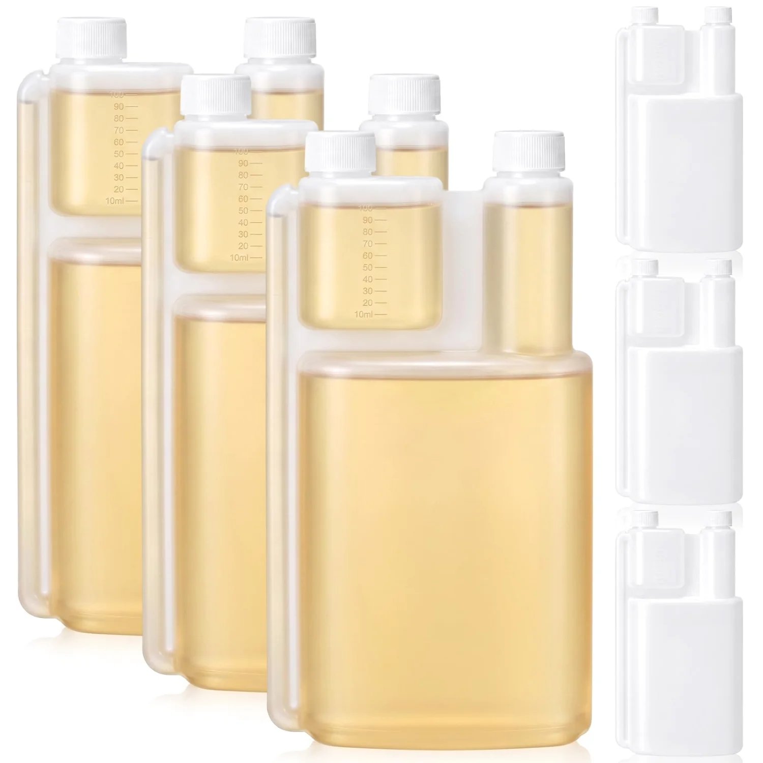 CHENGU Plastic flasks with shot glass, 33.8 Oz, 3.38 oz, 6 pcs