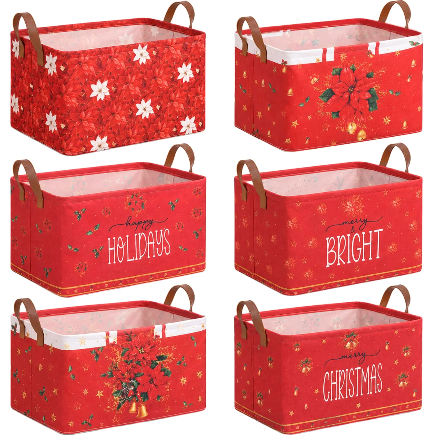 CHENGU Collapsible holiday storage bins, Floral Christmas, 6 pcs