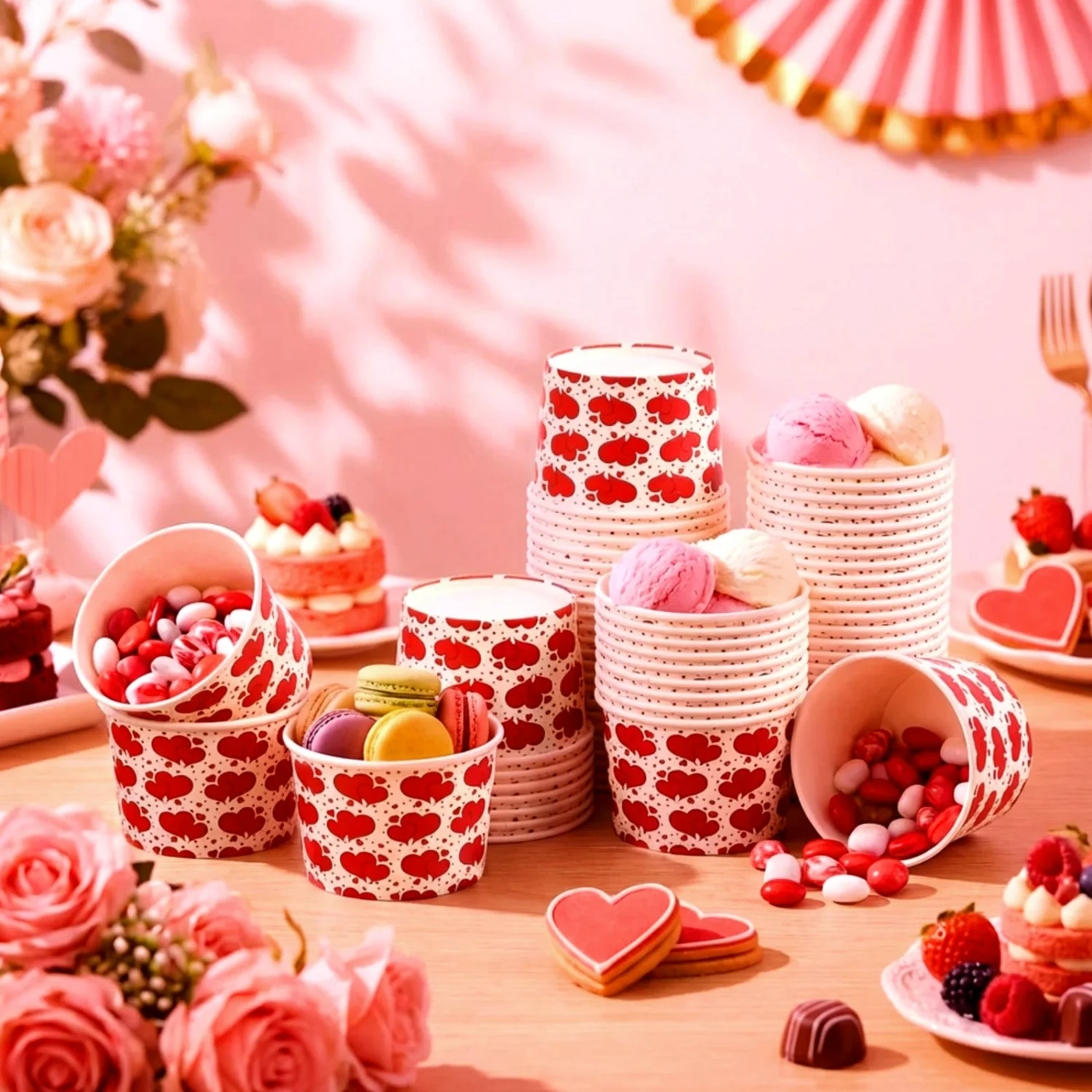 CHENGU Paper snack and dessert cups, Red, Heart, 60 pcs