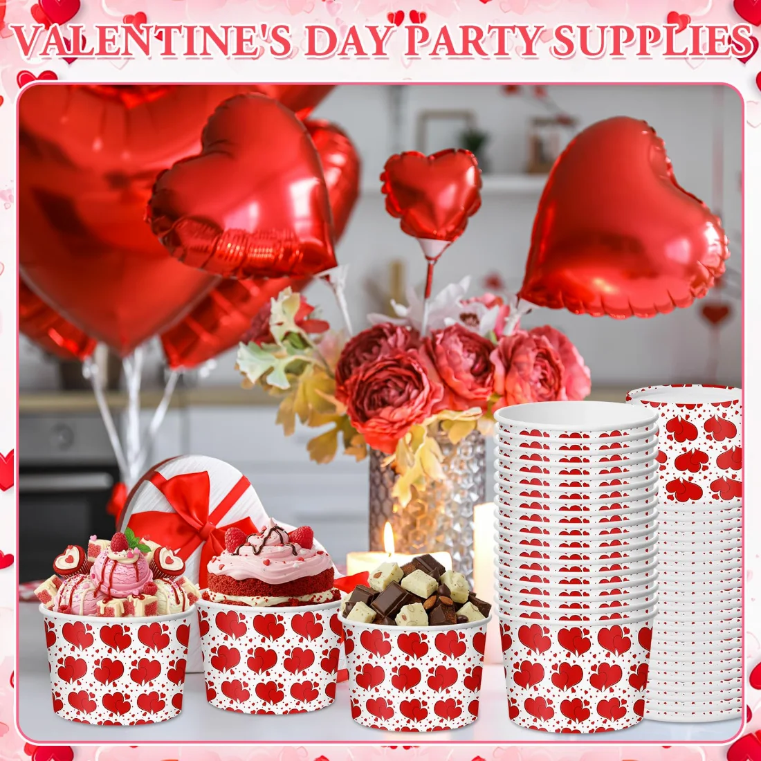 CHENGU Paper snack and dessert cups, Red, Heart, 60 pcs, view 2