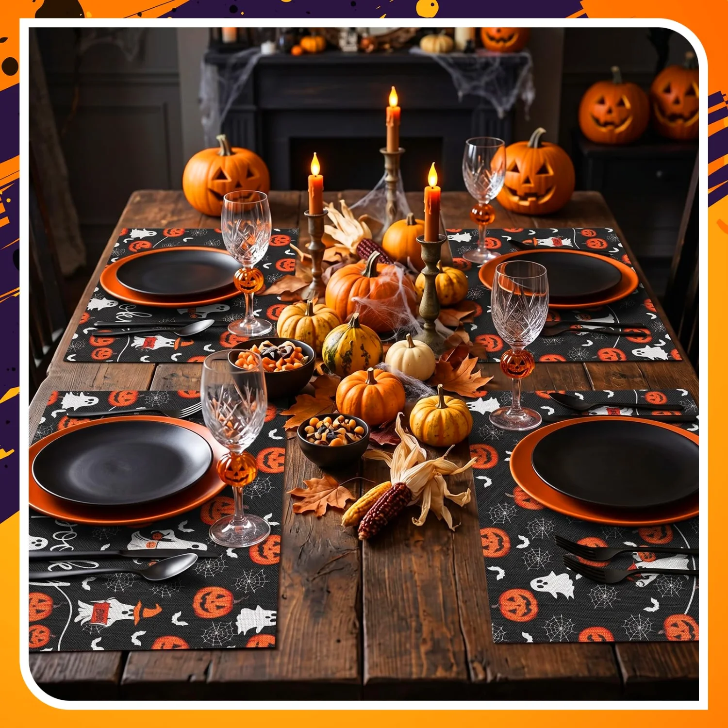 CHENGU Reversible holiday placemats, Orange, yellow, brown, black, white, red, 12 x 18 inches Rectangle, 8 pcs