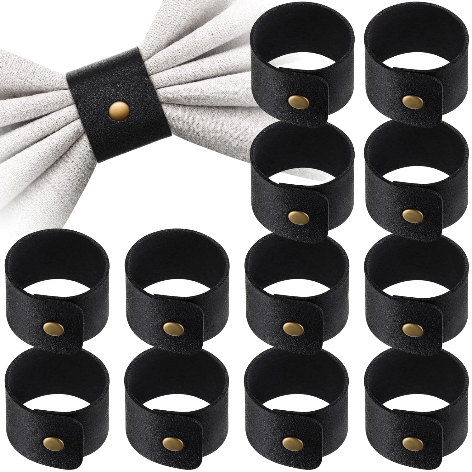 CHENGU Rustic faux leather napkin rings, Black, 12 pcs