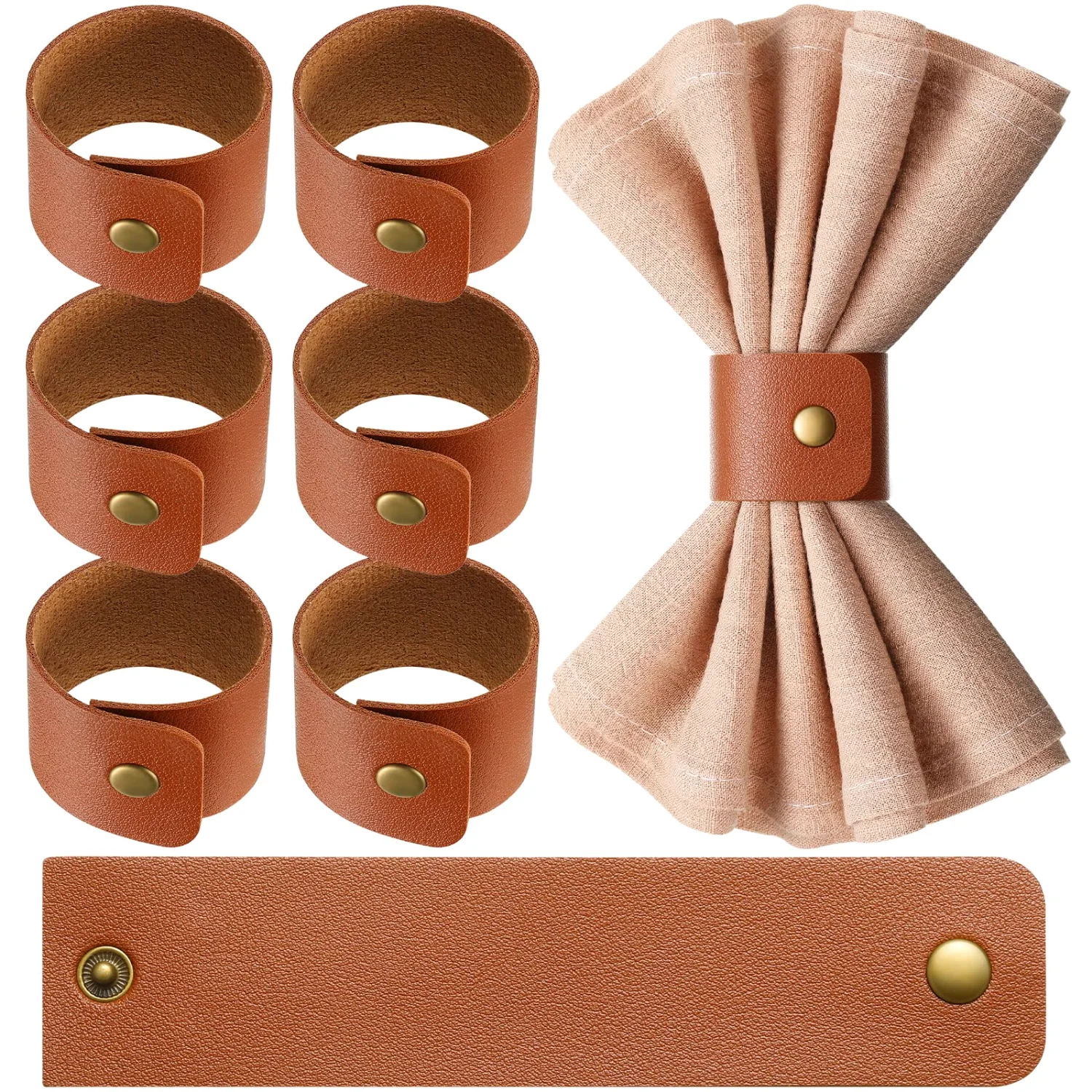 CHENGU Rustic faux leather napkin rings, Brown, 12 pcs