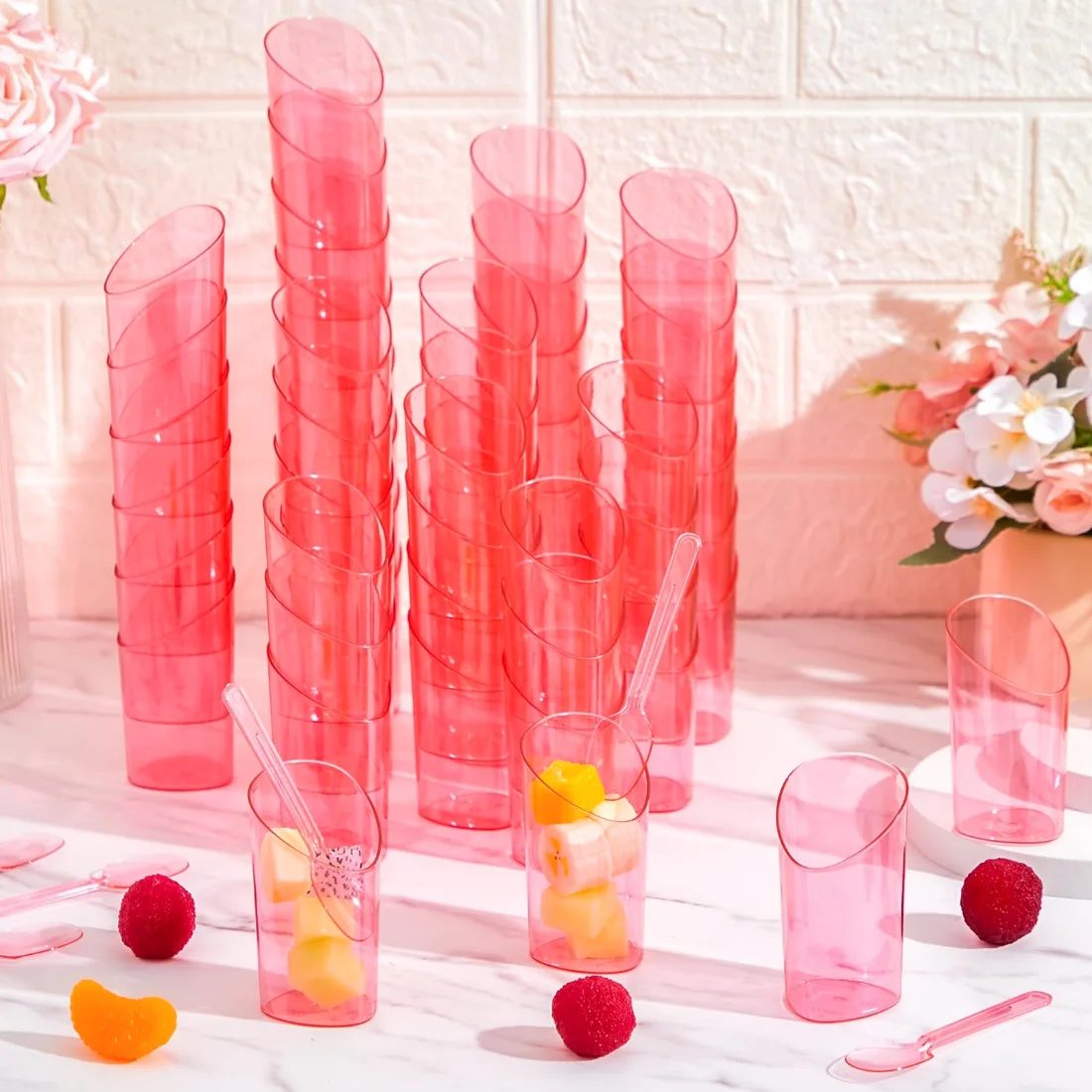 CHENGU Mini dessert shooter cups with spoons, Slanted, Pink, 3 oz, 100 pcs, view 2
