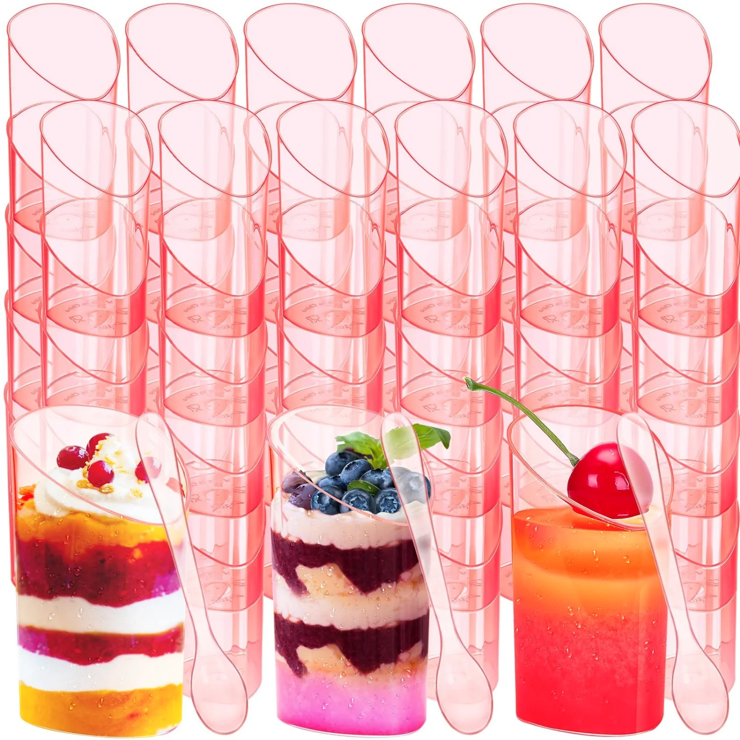CHENGU Mini dessert shooter cups with spoons, Slanted, Pink, 3 oz, 100 pcs