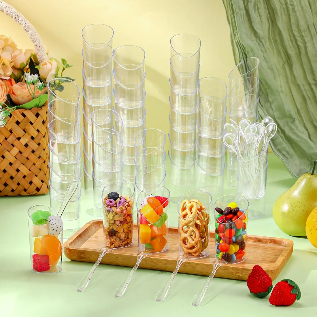 CHENGU Mini dessert shooter cups with spoons, Clear, Slanted, 150 pcs, view 2
