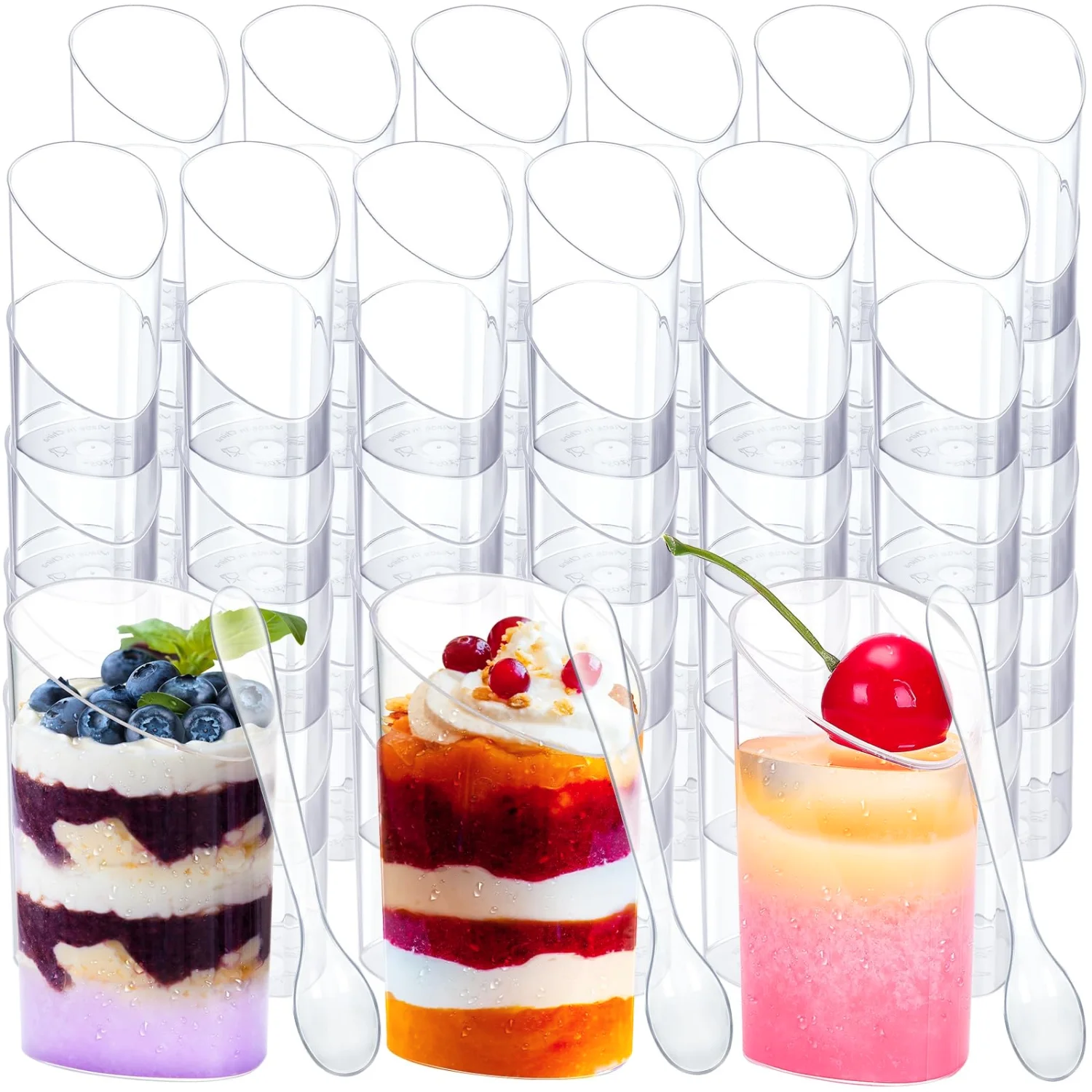 CHENGU Mini dessert shooter cups with spoons, Clear, Slanted, 200 pcs