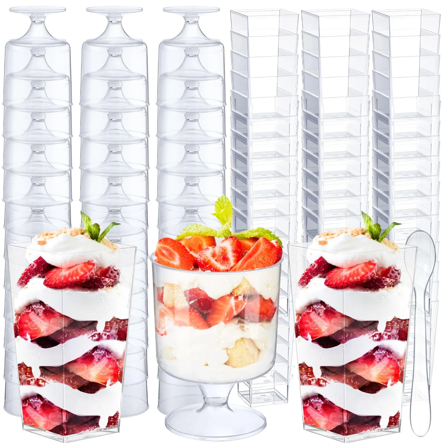 CHENGU Mini dessert shooter cups with spoons, Clear, Square+goblet, 150 pcs