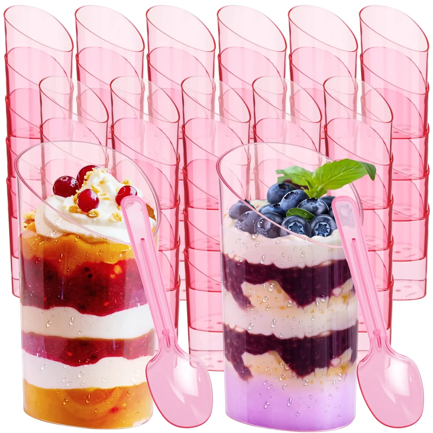 CHENGU Mini dessert shooter cups with spoons, Pink, Slanted, 100 pcs