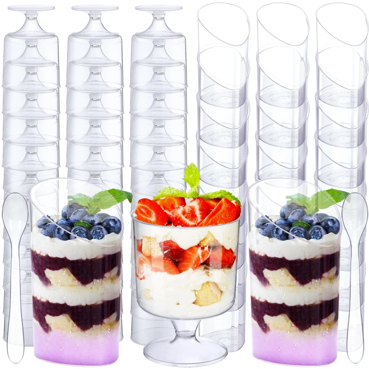 CHENGU Mini dessert shooter cups with spoons, Transparent, Slanted+goblet, 100 pcs