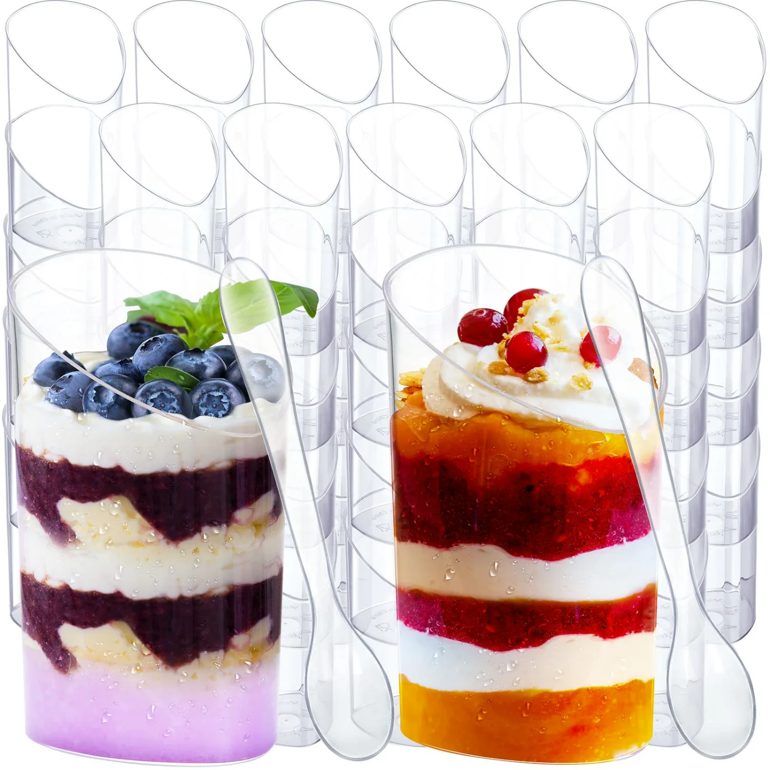 CHENGU Mini dessert shooter cups with spoons, Clear, Slanted, 100 pcs
