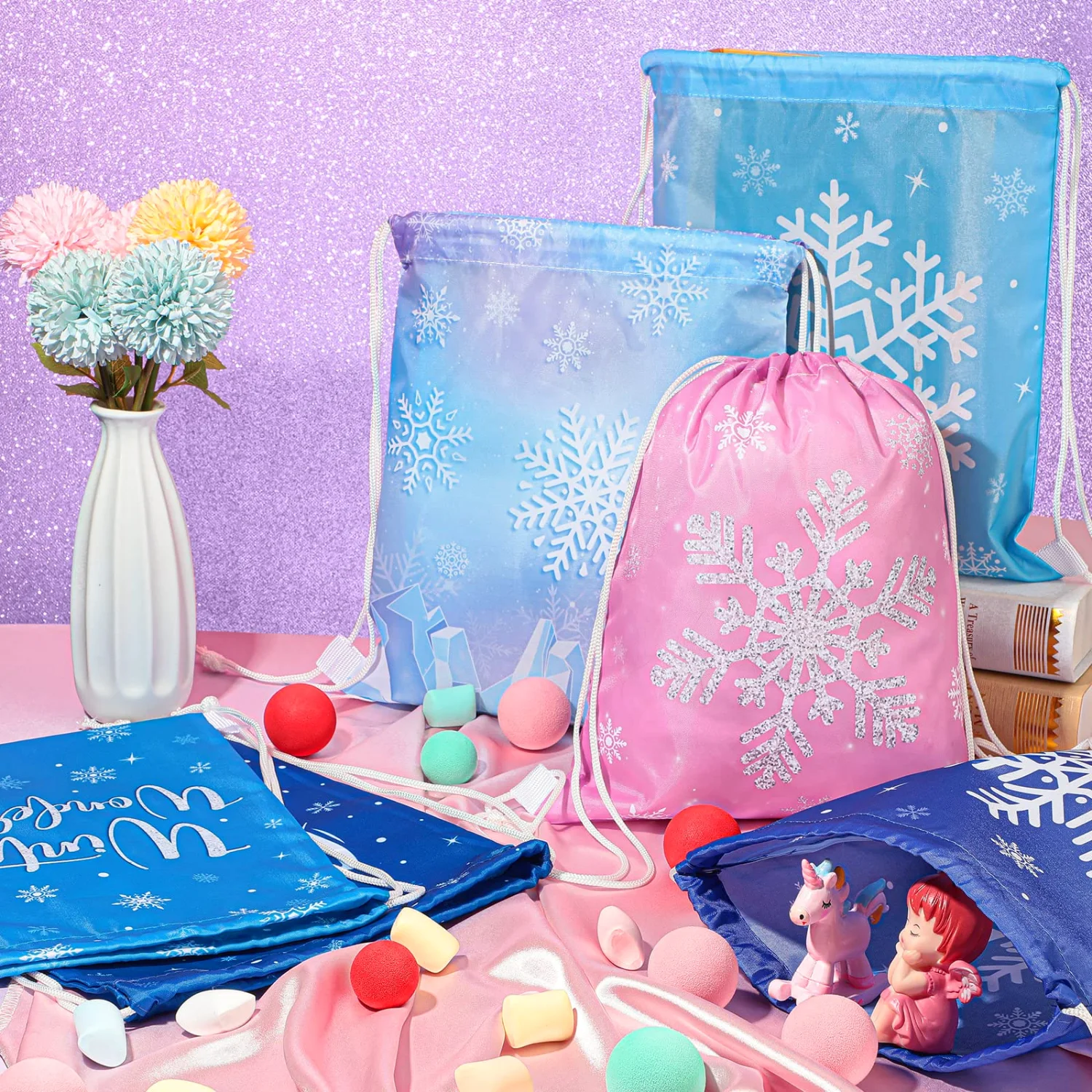 CHENGU Snowflake party favor bags, ["Purple", "Blue", "Pink", "White"], 28 pcs