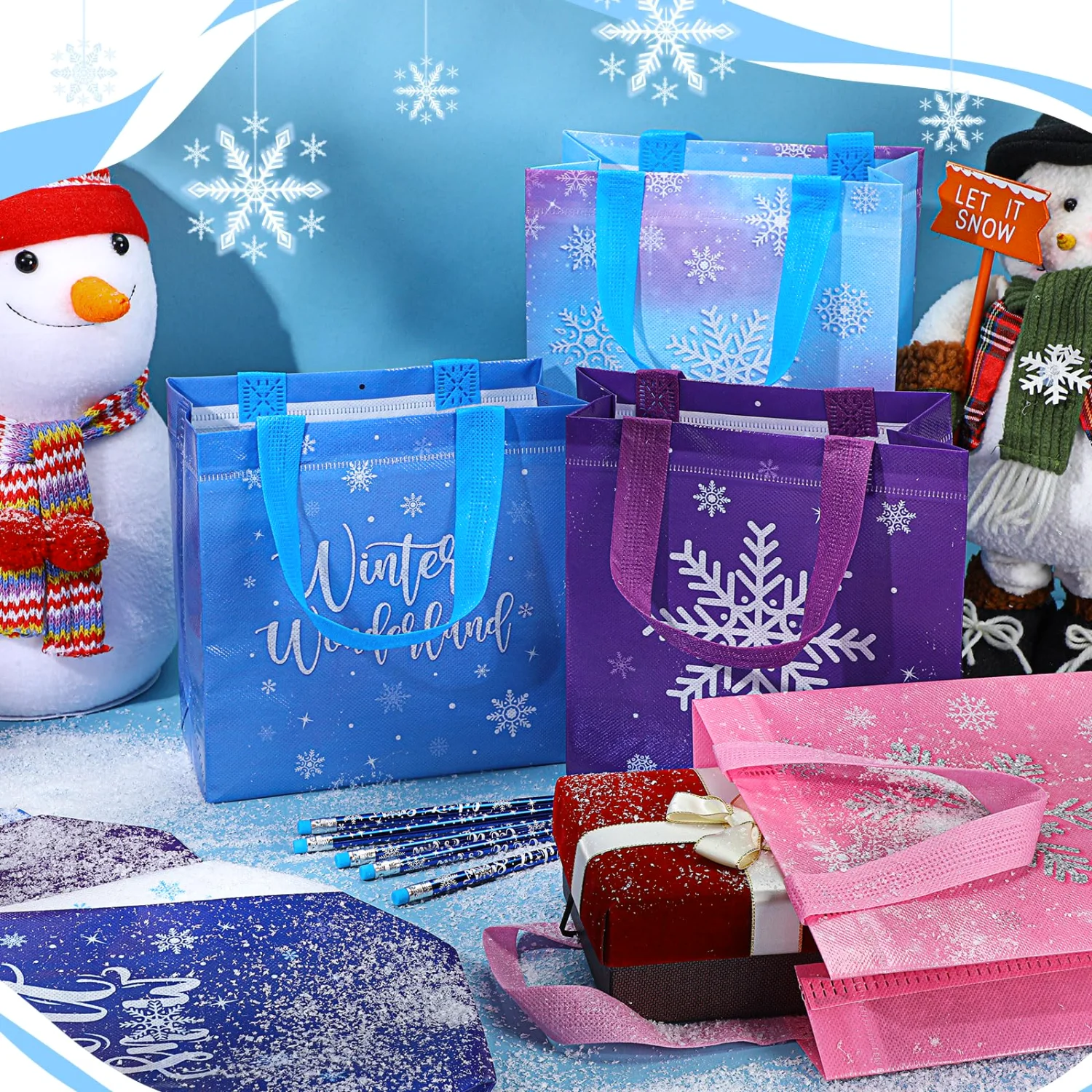 CHENGU Snowflake party favor bags, Purple, Blue, Pink, White, 60 pcs