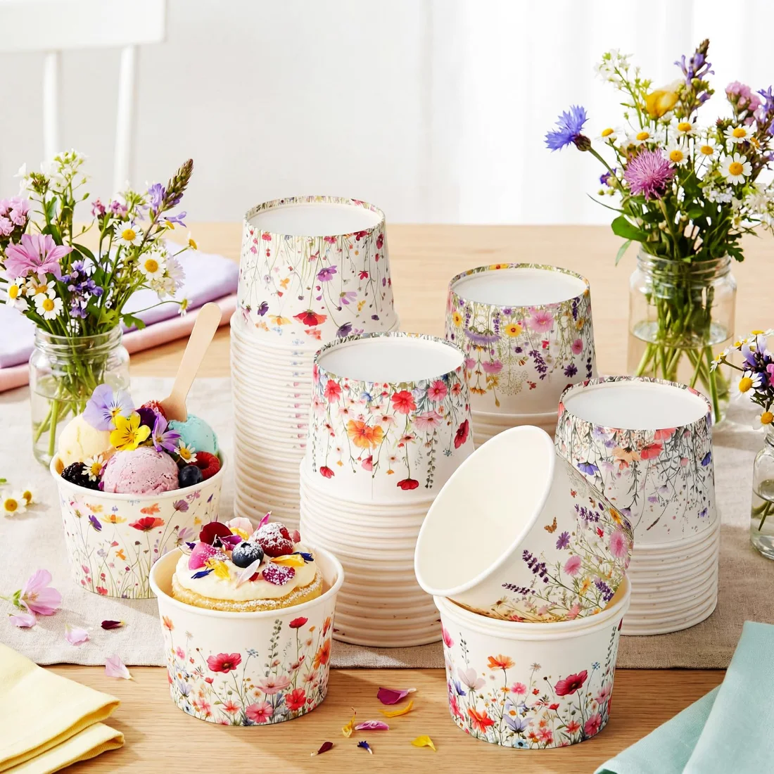 CHENGU Paper snack and dessert cups, Colorful, Spring Wildflowers, 120 pcs, view 2