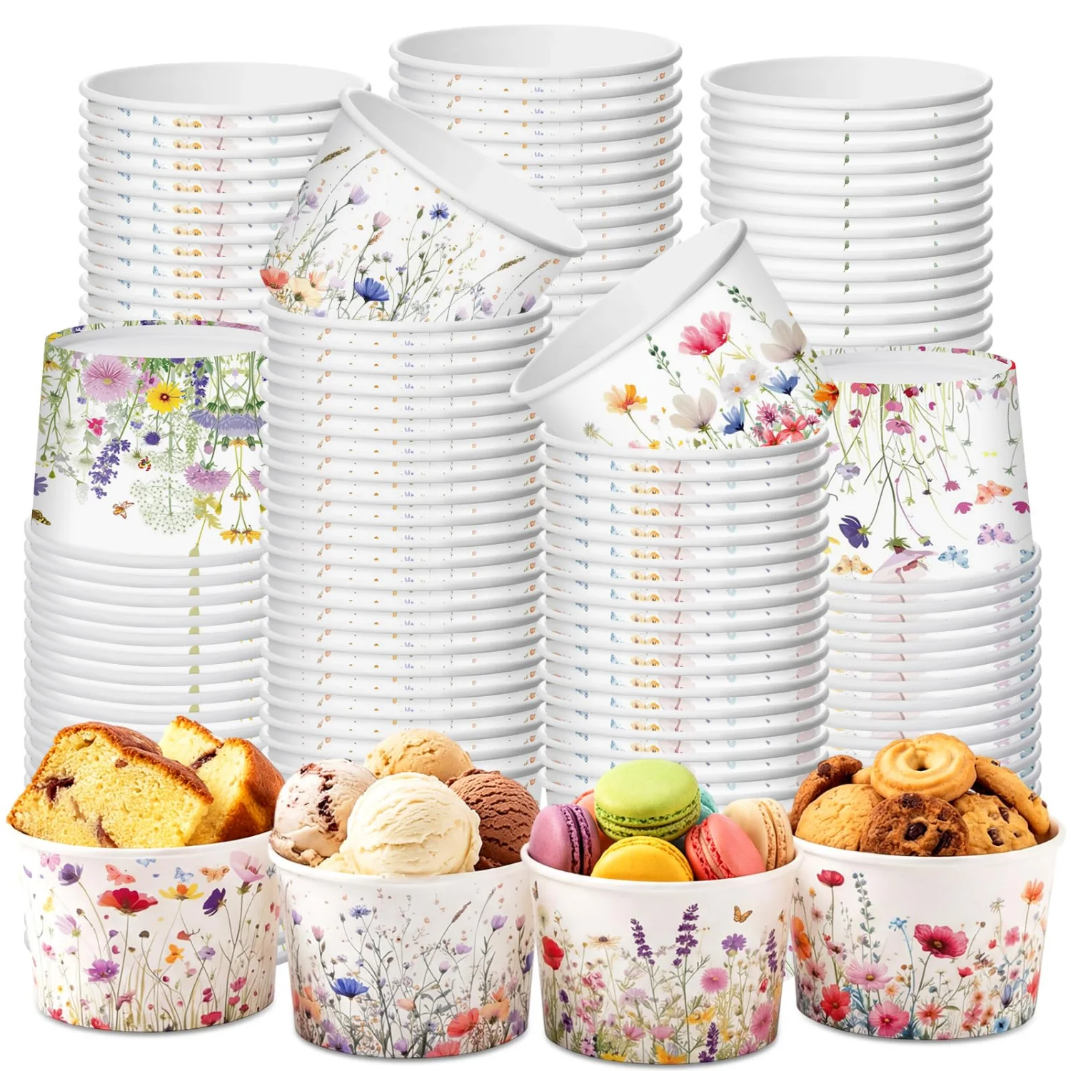CHENGU Paper snack and dessert cups, Colorful, Spring Wildflowers, 120 pcs