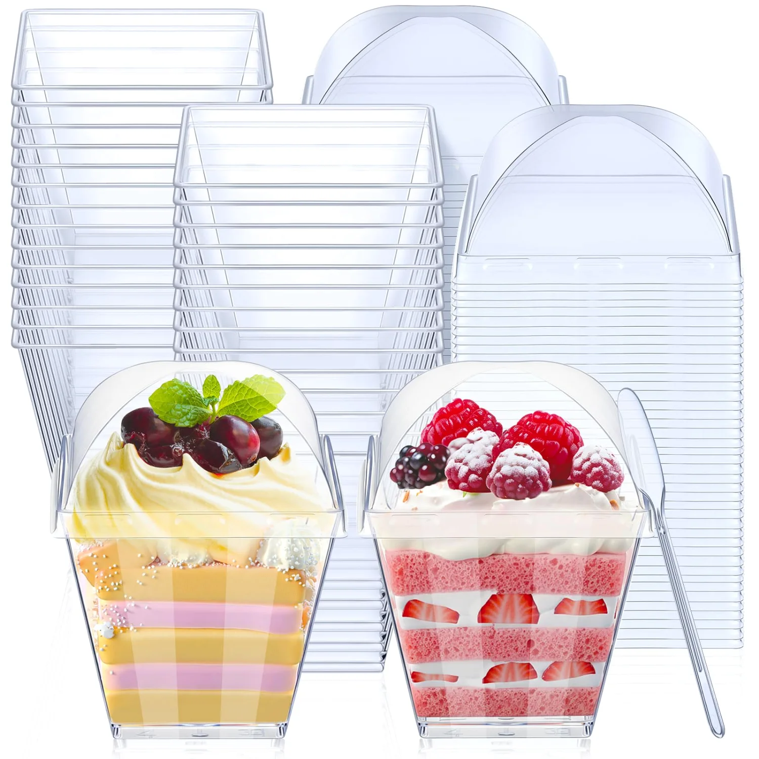 CHENGU Square dessert cups with lids, 7 oz, Arch Cover