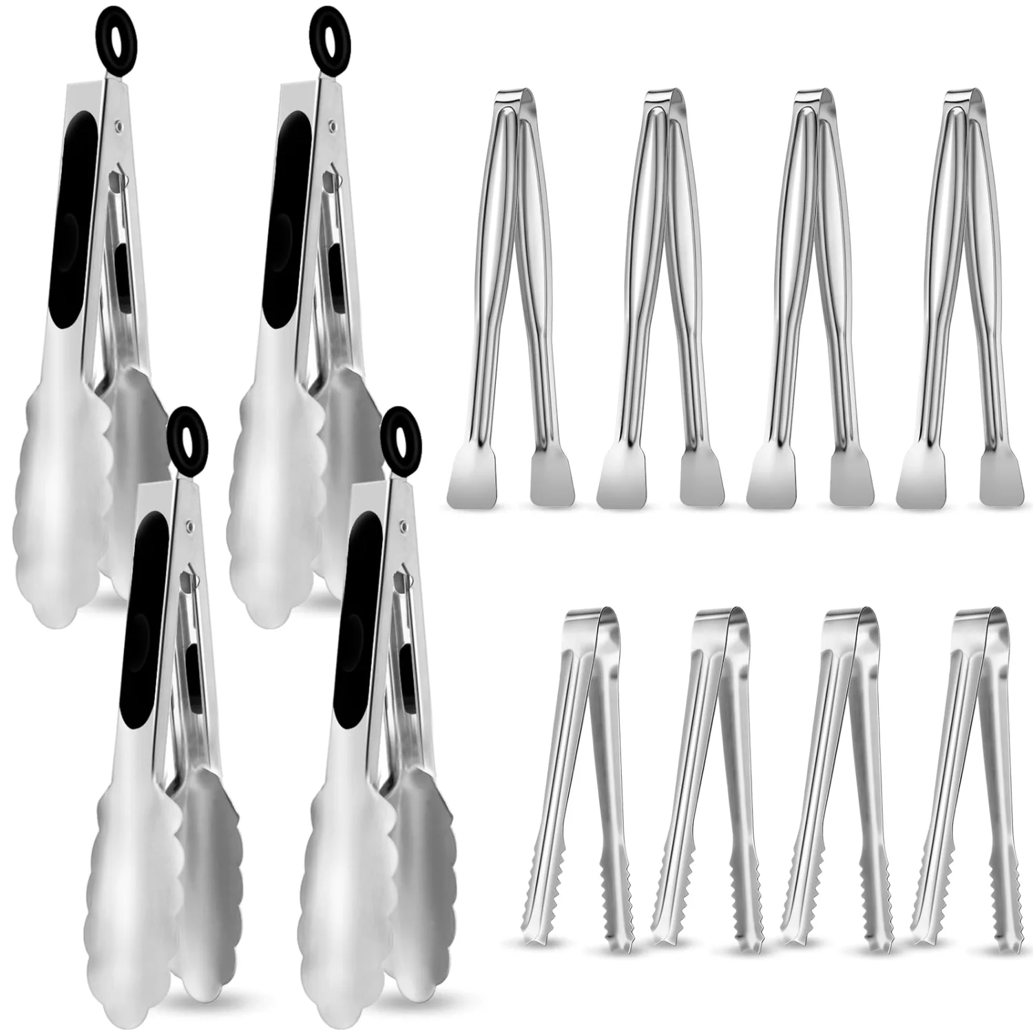 CHENGU Tongs and skewers, Black and Silver, 5/6/7inches, Regular