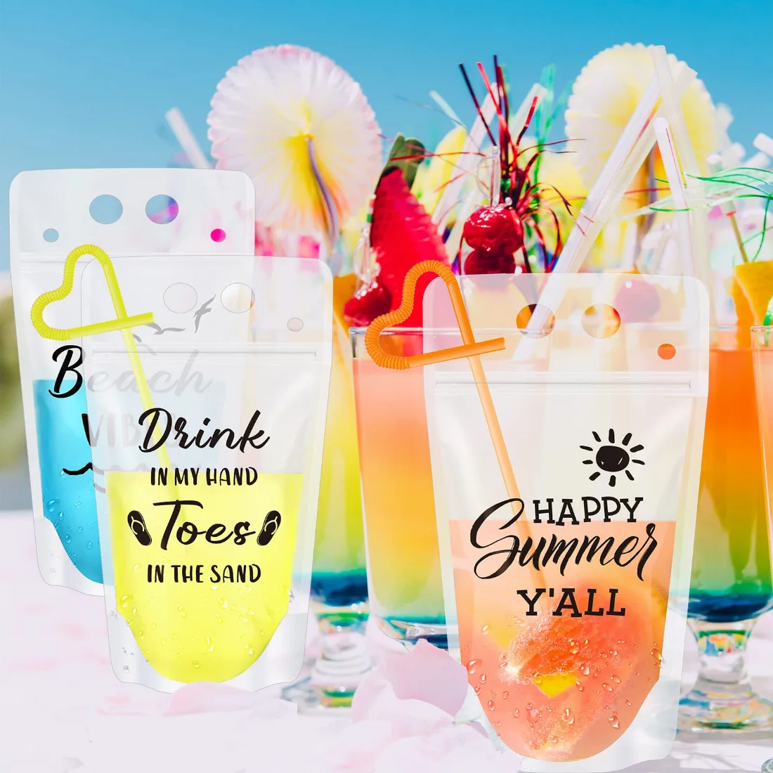 CHENGU Summer drink pouches with straws, Multicolor, 16oz, 30 pcs, view 2