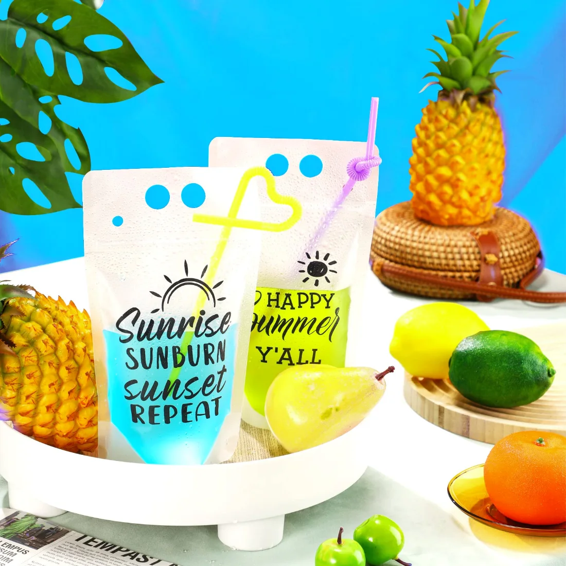 CHENGU Summer drink pouches with straws, Multicolor, 16oz, 30 pcs, view 3