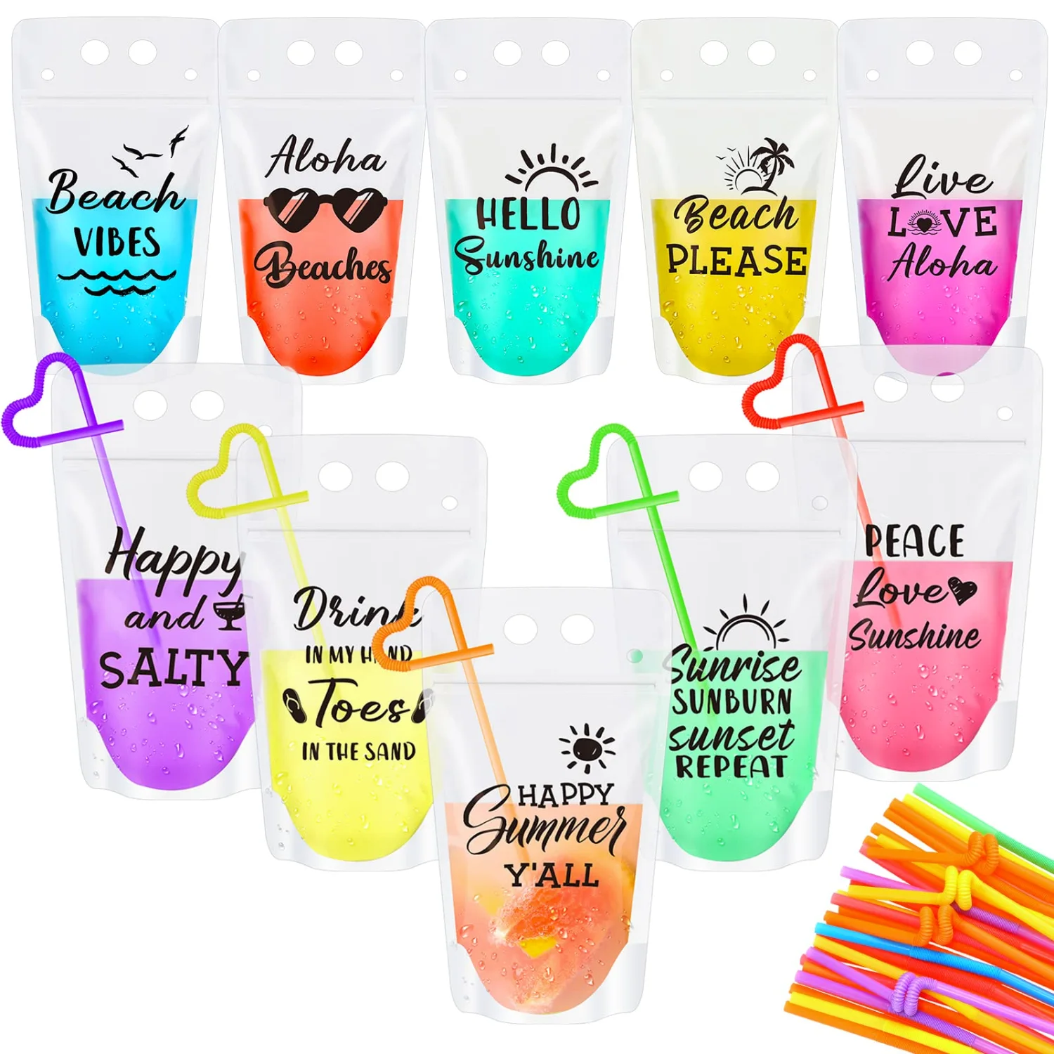 CHENGU Summer drink pouches with straws, Multicolor, 16oz, 30 pcs
