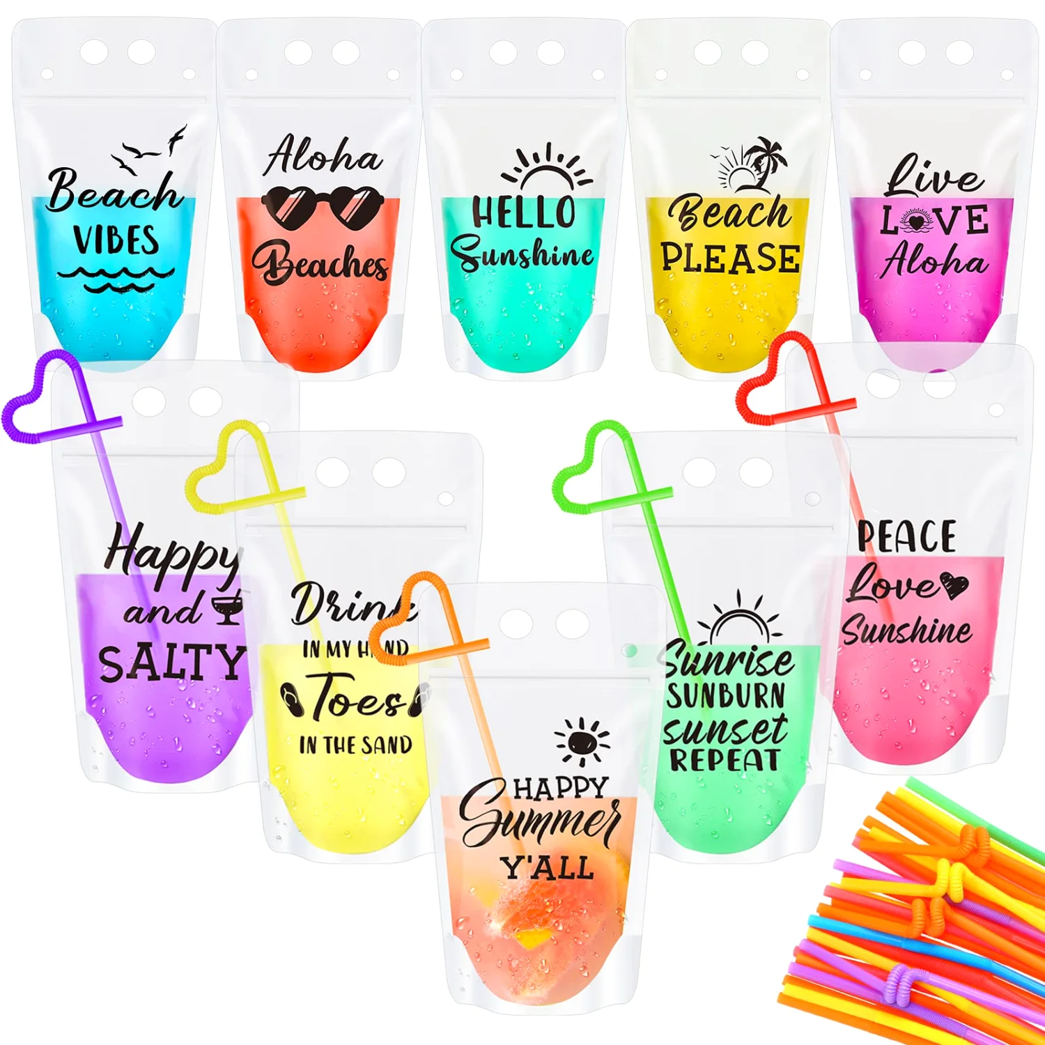 CHENGU Summer drink pouches with straws, Blue, Green, Pink, Purple, Yellow, Orange, Red, 16oz, 60 pcs