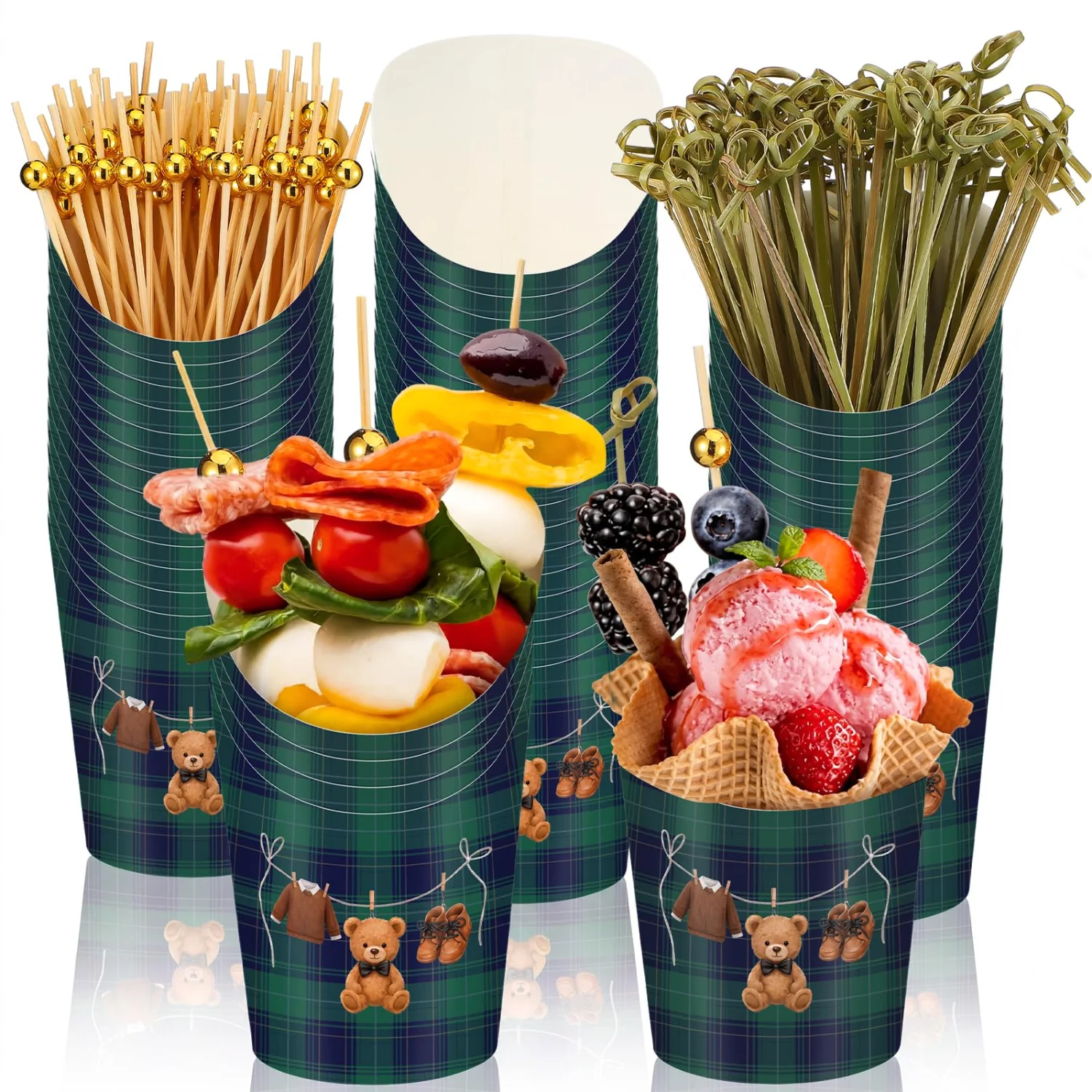 CHENGU Charcuterie cups with picks, Tartan Preppy