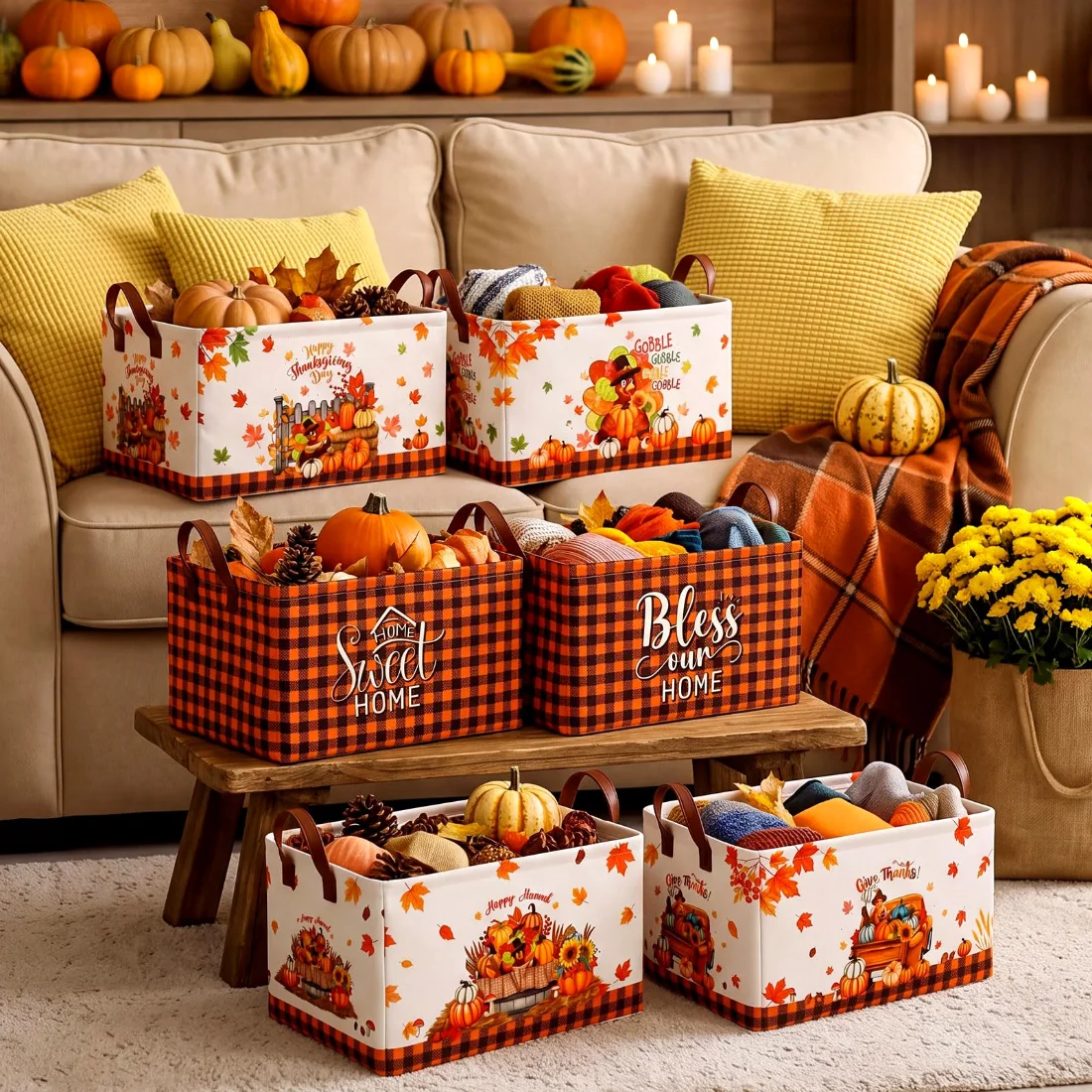 CHENGU Collapsible holiday storage bins, Turkey Pumpkin, 6 pcs, view 3