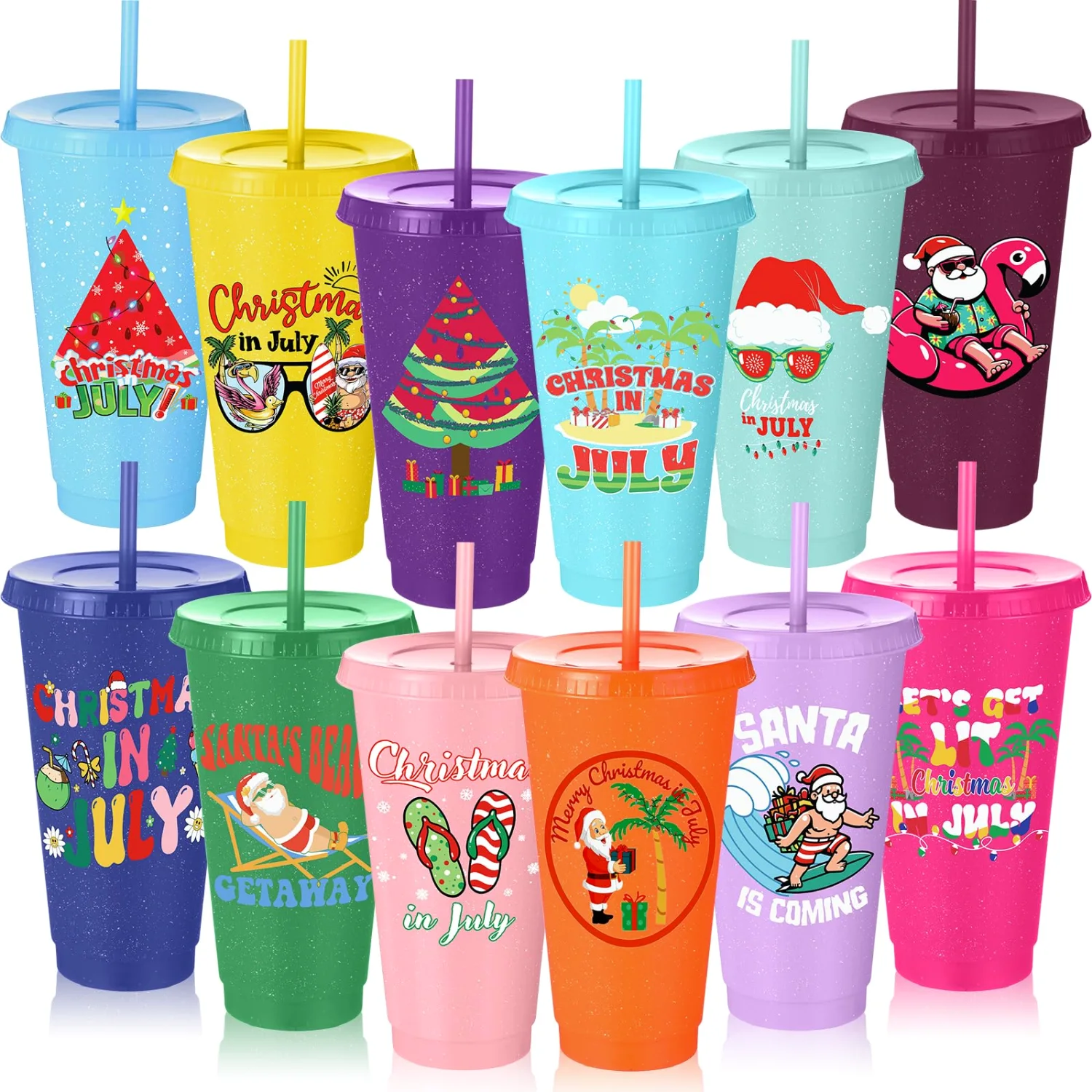 CHENGU Mugs and tumblers, Tropical santa, 12 colors, 24 oz, 12 pcs