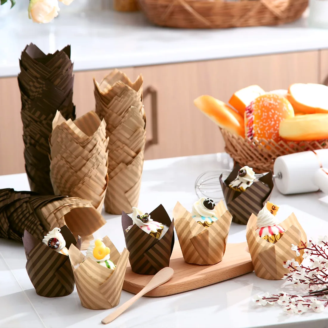 CHENGU Tulip cupcake liners, Beige, Brown Stripes, view 2